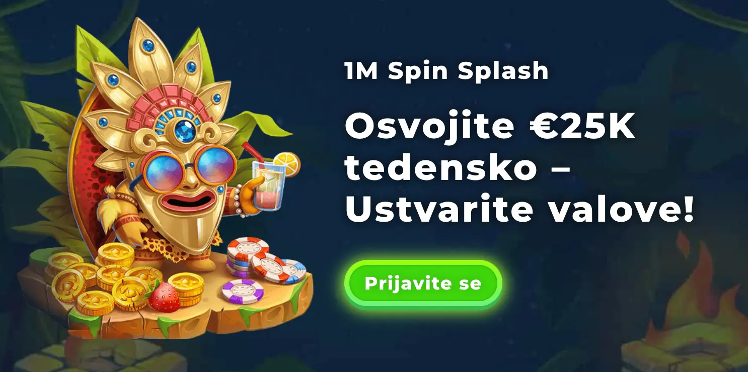 Tedenska nagrada 25.000 € v promociji 1M Spin Splash – Prijavite se zdaj Maska s koktajlom in kovanci ob promociji 1M Spin Splash z nagrado €25K tedensko